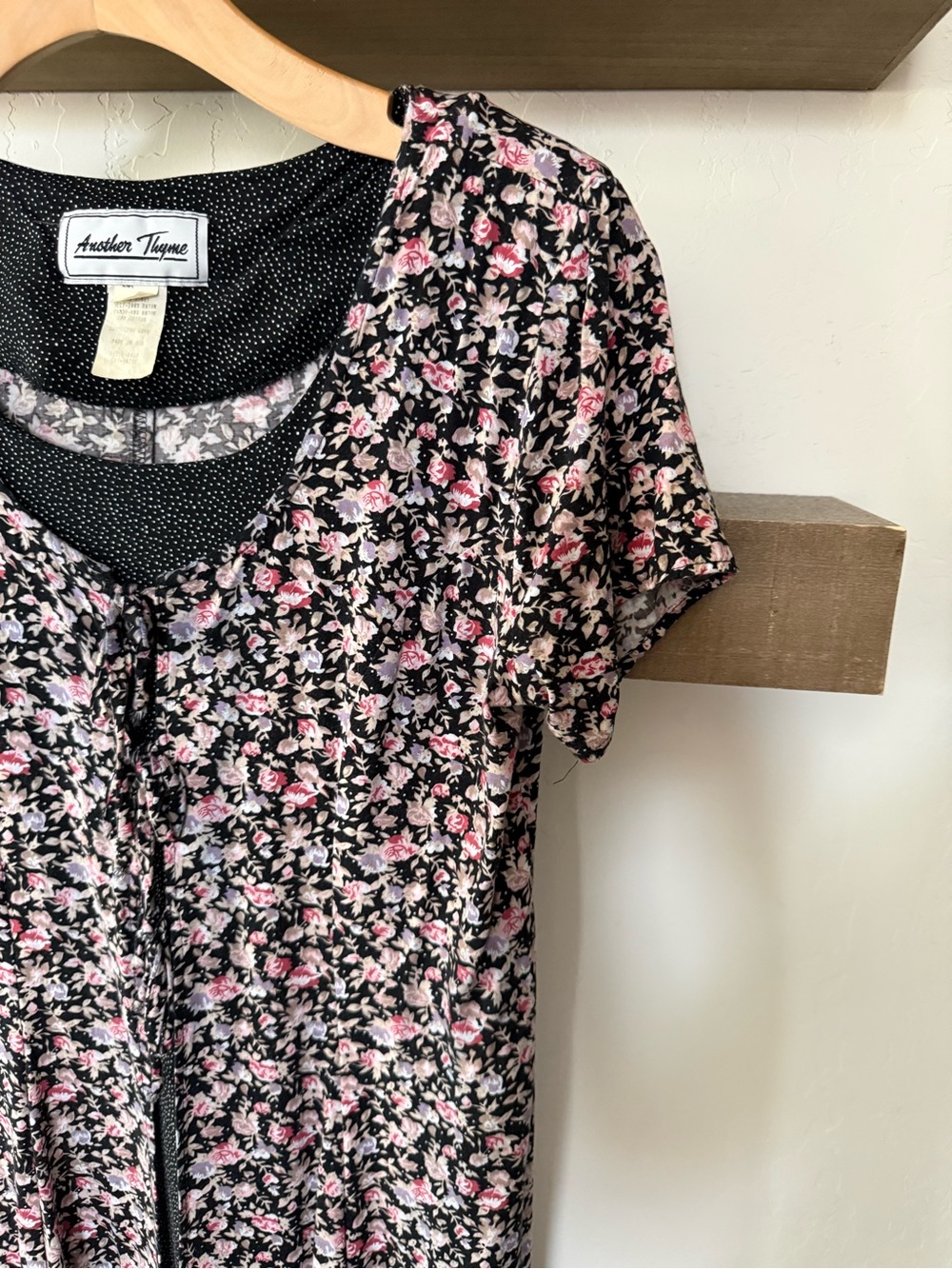 Another Thyme|Vintage Black Ditsy floral mixed pattern Dress,polka dot & ties•••